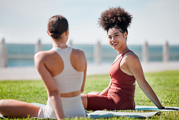 Image showing Yoga, park and couple of friends or women talking of fitness, exercise and wellness class in diversity and support. Happy black woman or people with zen, health and holistic sports together in nature