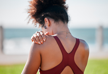 Image showing Stretching, meditation and back woman in nature for yoga, fitness and mindfulness in Australia. Calm, zen and girl with a warm up to start spiritual training and balance for the mind in a park