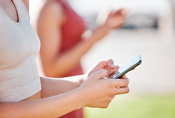 Image showing woman hands, phone and outdoor with 5g network connection for communication or fitness app. Person outdoor with smartphone for social media, contact and typing for online search or chat at park