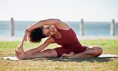 Image showing Yoga, fitness and black woman stretching body on grass for healthy lifestyle, wellness and cardio workout. Sports, pilates and girl doing meditation, training and exercise for zen, peace and calm