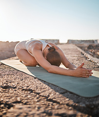 Image showing Yoga, pilates and woman stretching on rock for healthy lifestyle, body wellness and cardio workout. Sports, training and girl do meditation, stretch arms and exercise for zen, peace and calm outdoors