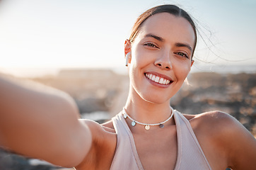 Image showing Fitness, woman and portrait smile for profile picture, selfie or vlog by beach for healthy exercise. Happy female runner smiling with teeth for social media, memory or post by ocean coast outdoors