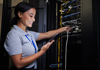 Image showing Server room, tablet and engineer woman with connection cable for maintenance or software update at night. Cybersecurity, it programmer or female with technology for database networking in data center