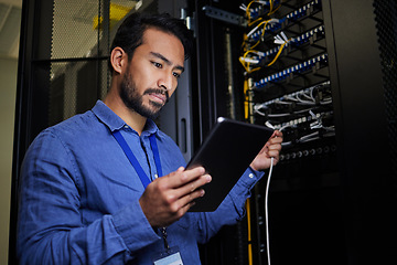 Image showing Server room, tablet and engineer with connection cable for maintenance or software update at night. Cybersecurity, it programmer and coder man with technology for database networking in data center.