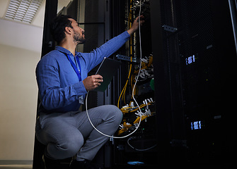 Image showing Tablet, server room and engineer with connection cable for maintenance or software update at night. Cybersecurity wire, programmer and it man holding technology for database networking in data center