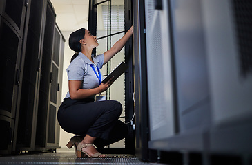 Image showing Server room, engineer and woman with tablet for database connection cable, maintenance or software update at night. Cybersecurity, it and female coder with technology for networking in data center.