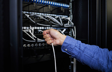 Image showing Engineer hands, server room and cable connection for software update or maintenance at night. Cybersecurity wires, cloud computing and male programmer or man check database network in data center.