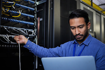 Image showing Engineer laptop, server room and cable connection for software update or maintenance at night. Cybersecurity coder, cloud computing and programmer man with computer for networking in data center.