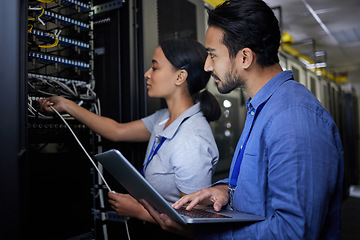 Image showing Man, woman or server room maintenance on laptop IT, software programming ideas or cybersecurity engineering. People, repair or data center technology in teamwork collaboration of safety analytics fix