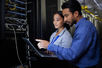 Image showing People, maintenance or laptop in server room, IT engineering or software programming ideas in cybersecurity. Repair woman, man or data center technology in teamwork collaboration for safety analytics