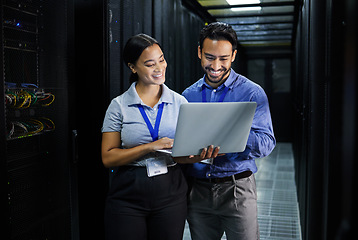 Image showing Server room, laptop and people team for software management, system upgrade and cyber security. Teamwork technician, engineering or programmer staff on computer, information technology or programming