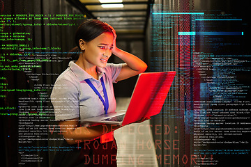 Image showing Headache, hacker stress and black woman with code overlay feeling anxiety from laptop glitch. Cybersecurity, computer 404 problem and it coding analytics graphic with employee burnout at night