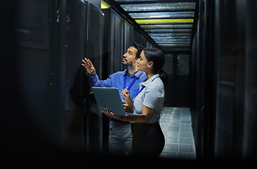 Image showing Server room, network laptop and people software management, system upgrade and cyber security. Teamwork technician, engineering or programmer staff on computer, information technology or programming