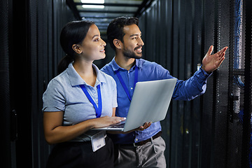 Image showing Server room, laptop and manager people or technician in data center management, system and cyber security. Teamwork, inception and engineering or programmer employees, information technology and code