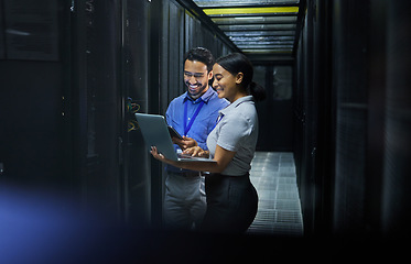 Image showing Server room, laptop and technician people for software management, system upgrade or cyber security. Teamwork, data center and engineer or programmer employees, information technology and programming