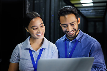 Image showing People, happy or laptop in server room, IT engineering or software programming for cybersecurity, analytics or database safety. Smile, man or data center woman on technology in teamwork collaboration