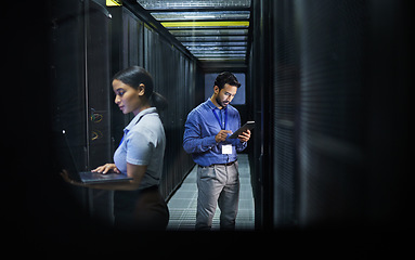 Image showing Man, woman or technology in server room, IT engineering or software programming for cybersecurity, analytics or database safety. Data center, programmer or coding developer on cloud, laptop or tablet