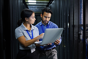 Image showing Laptop, server room and technician people problem solving in database management, system upgrade or cyber security. Error, data center or engineer employees, information technology and programming