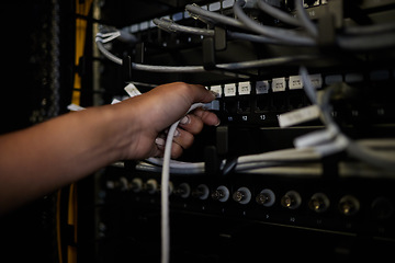 Image showing Engineer hands, server room and connection cable for maintenance or software update at night. Cybersecurity, female programmer and woman holding wire for database, networking and cloud computing.