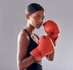 Image showing Boxing, gloves and portrait of woman in studio for sports exercise, strong muscle or mma training. Indian female boxer, workout and fist fight for impact, energy and warrior power in battle challenge