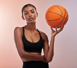 Image showing Basketball portrait, sports athlete and woman ready for workout challenge, practice game or fitness competition. Performance training, health exercise and studio model isolated on gradient background