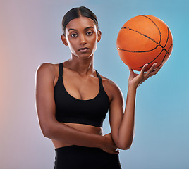 Image showing Basketball portrait, sports and studio woman ready for workout challenge, practice game or fitness competition. Performance training, health exercise and athlet model isolated on gradient background