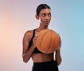 Image showing Basketball exercise, sports and studio woman for workout challenge, practice game or fitness competition. Performance training, health commitment and athlete model isolated on gradient background