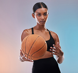 Image showing Basketball portrait, sports fitness and woman ready for workout challenge, practice game or studio competition. Performance training, health exercise and athlete model isolated on gradient background