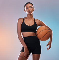 Image showing Portrait, body and basketball of black woman isolated on gradient background workout, training and exercise. Confident Indian athlete, person or model in studio for fitness goals, focus and fashion