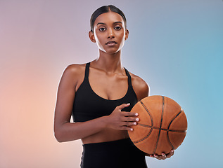 Image showing Basketball portrait, sports workout and woman ready for studio challenge, practice game or fitness competition. Performance training, health exercise and athlete model isolated on gradient background