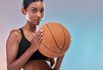 Image showing Basketball portrait, sports and training woman ready for workout challenge, practice game or fitness competition. Performance studio, health exercise or mockup athlete isolated on gradient background