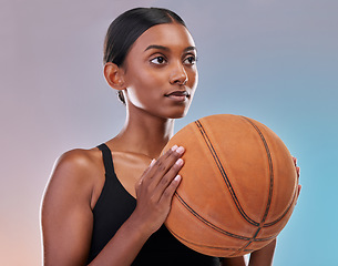 Image showing Basketball workout, sports and studio woman for exercise challenge, practice game or fitness competition. Performance training, health commitment and athlete model isolated on gradient background