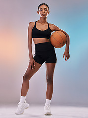 Image showing Body, portrait and black woman in basketball sports isolated on gradient background workout, training and exercise. Confident Indian athlete, person or studio model for fitness, challenge and fashion