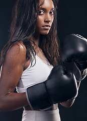 Image showing Boxer champion, woman and portrait on black background for sports, strong focus or mma training. Female boxing, gloves and fist fight in studio, impact and warrior energy for power of fitness workout