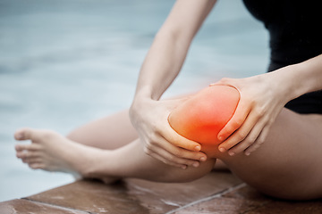 Image showing Knee injury, sports and woman at swimming pool with medical pain, body strain and muscle emergency. Legs, red wound and water accident from training, arthritis and athlete anatomy for first aid help