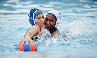 Image showing Women, swimming and water polo sports competition, training and exercise. Professional athlete people together in pool for fitness, ball game and action with commitment for team performance and goals