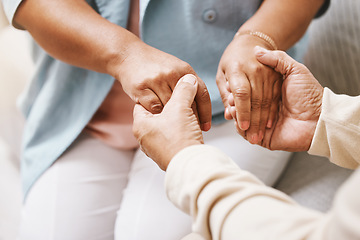 Image showing Love, old couple and holding hands with care, retirement and bonding with empathy, compassion and affection. Zoom, elderly man and senior woman touching, retired and trust with support and solidarity