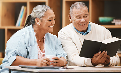 Image showing Reading, book and senior couple with bible for spiritual faith, studying religion and relax in home with coffee. Jesus, tea and retired happy man and woman with holy text for learning to worship God.