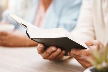 Image showing Book, faith and hands of couple with bible for spiritual studying or reading in home. Religion, worship and man and woman with holy and religious text for learning, education and worshipping God.