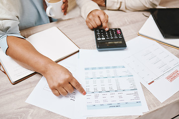 Image showing Finance, home budget and couple hands planning, documents of financial, payment quote or loan management. Accounting, banking and calculator of people with taxes, bills and mortgage or loan paperwork