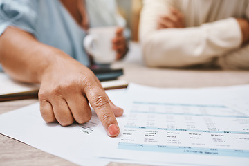 Image showing Finance, budget and couple hands for planning, paperwork and financial advisor review, analysis or advice. Accounting, banking person with taxes, payment quote or bills for mortgage or loan documents