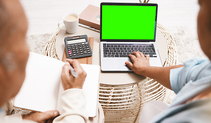 Image showing Green screen, home finance and laptop of senior couple planning budget, banking online and asset management. People on computer with financial strategy, loan or investment on mockup space for website