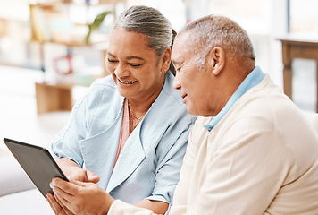 Image showing Relax, love and senior couple with tablet in home for social media, web browsing or internet scrolling. Technology, retirement and elderly man and woman with touchscreen for streaming comedy movie.