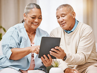 Image showing Love, relax and senior couple with tablet in home for social media, web browsing or internet scrolling. Technology, retirement and elderly man and woman with digital touchscreen for streaming movie.