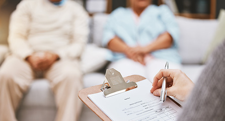 Image showing Survey, old couple or doctor with a checklist for health insurance information on a medical questionnaire. Communication, man or elderly woman listening to nurse about a life plan or policy data