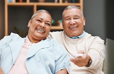 Image showing Love, portrait and senior couple watching tv, having fun and laughing at comic movie in living room. Valentines, romance and elderly retired man and woman streaming funny comedy video on television.