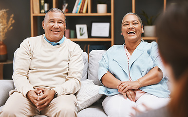 Image showing Marriage, happy or old couple in counseling with a psychologist for mental health advice or support. Consulting, retirement or senior man laughing with an elderly woman talking to a funny therapist