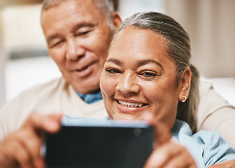 Image showing Senior couple, love and selfie in home for happy memory while enjoying time together. Romance, retirement and smile of elderly and retired man and woman taking pictures or photo for social media.