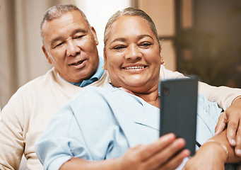 Image showing Love, senior couple and selfie in home for happy memory while spending time together. Romance, retirement and smile of elderly and retired man and woman taking pictures or photo for social media.