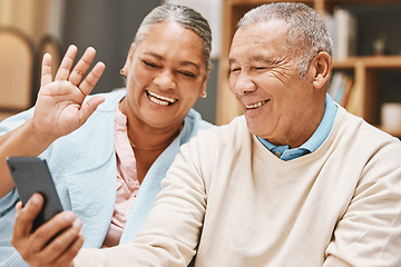 Image showing Video call, wave or old couple talking, communication or speaking in conversation in retirement at home. Partnership, elderly man or happy senior woman greeting online on phone together with smile